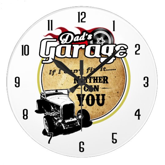 Die Retro Garage des Vaters in der Farbe Große Wanduhr | Zazzle.de