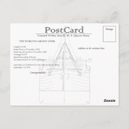 Die RMS Queen Mary Postcard Collection Postkarte (Rückseite)