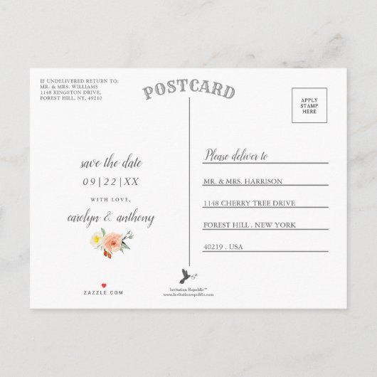 Die Romantik der blühenden Hochzeitskollektion Ankündigungspostkarte (Rückseite)