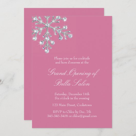 Die rosa Grand Opening Offset Crystal Snowflake Einladung (Vorne/Hinten)