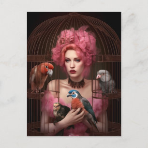 Die rosa haarige Dame und die Vogelpostkarte Postkarte
