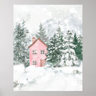 Die rosa Hütte im Schneewald Poster