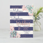 Die rosa Kaktus-Marine Stripes Rosen-Goldpunkte Einladung (Stehend Vorderseite)