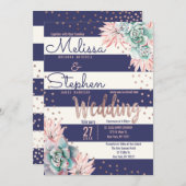 Die rosa Kaktus-Marine Stripes Rosen-Goldpunkte Einladung (Vorne/Hinten)