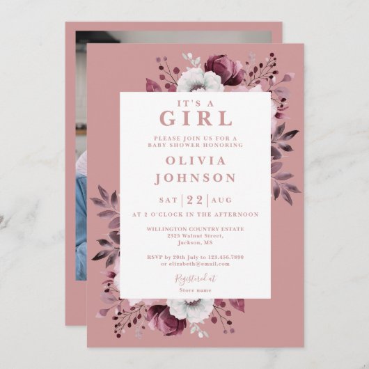 Die Rose ist mit einem Foto-Baby-Duschkopf aus Gir Einladung (Vorne/Hinten)