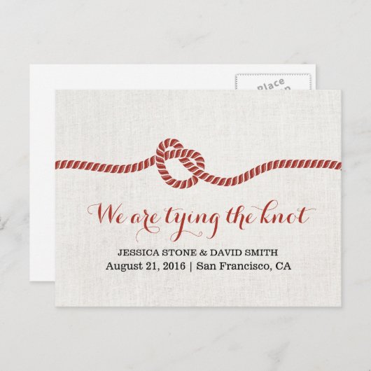 Die rote Seile des Knotens Save the Date auf Hochz Ankündigungspostkarte (Vorne/Hinten)