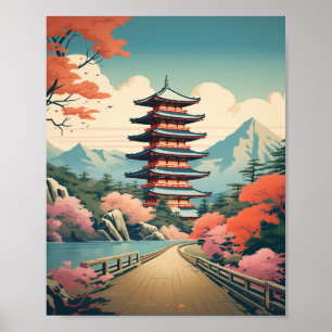 Die Ruhe im Pagoda. Vintages japanisches Poster