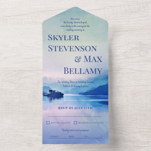 Die ruhige Insel Berge Landschaft Hochzeit All In One Einladung (Innen Boden)