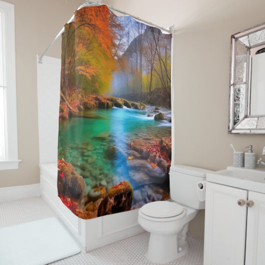 Die ruhige Landschaft der Herbstflüsse Duschvorhang (Beispiel)