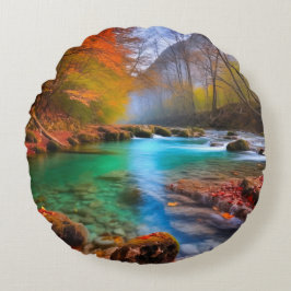 Die ruhige Landschaft der Herbstflüsse Rundes Kissen