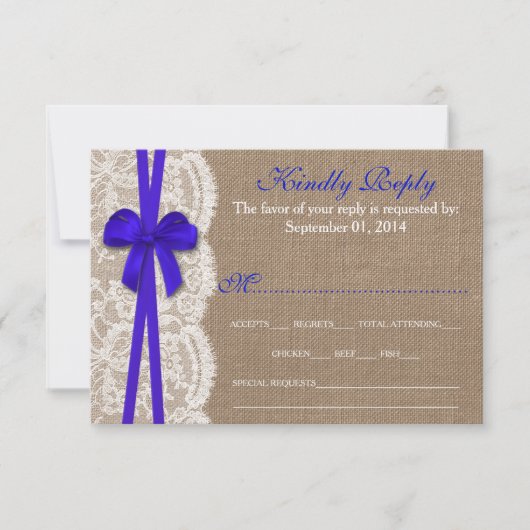 Die Rustikal Blue Bow Wedding Collection RSVP Card Karte (Vorderseite)