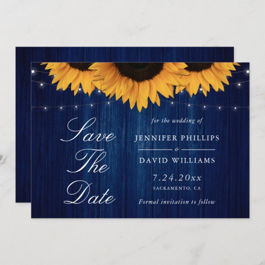 Die rustikale blaue Sonnenblume speichert die Datu Save The Date (Vorne/Hinten)