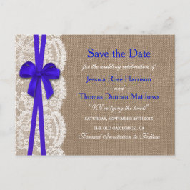 Die rustikale Blue Bow-Kollektion Save the Date Ankündigungspostkarte