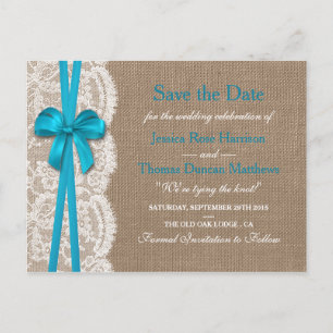 Die rustikale Blue Bow-Kollektion Save the Date Ankündigungspostkarte