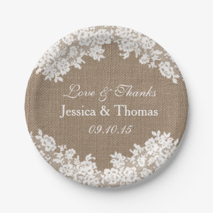 Die rustikale Burlap- und Vintage White Lace-Kolle Pappteller