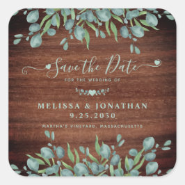 Die rustikale Eukalyptus-Hochzeit rettet das Datum Quadratischer Aufkleber