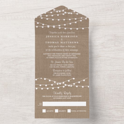 Die rustikale Hochzeitskollektion der Burlap-Licht All In One Einladung (Innen Boden)
