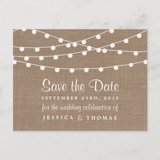 Die rustikale Hochzeitskollektion der Burlap-Licht Ankündigungspostkarte (Vorderseite)