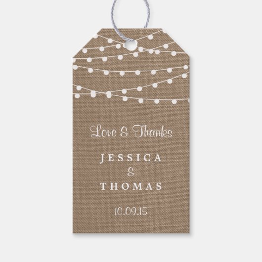 Die rustikale Hochzeitskollektion der Burlap-Licht Geschenkanhänger (Vorderseite)