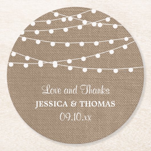 Die rustikale Hochzeitskollektion der Burlap-Licht Runder Pappuntersetzer (Vorderseite)