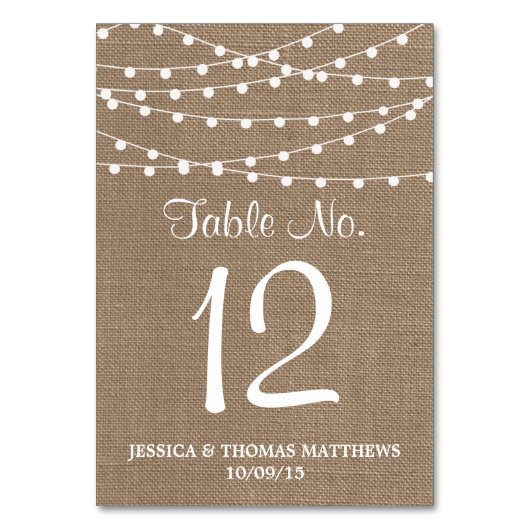 Die rustikale Hochzeitskollektion der Burlap-Licht Tischnummer (Rückseite)