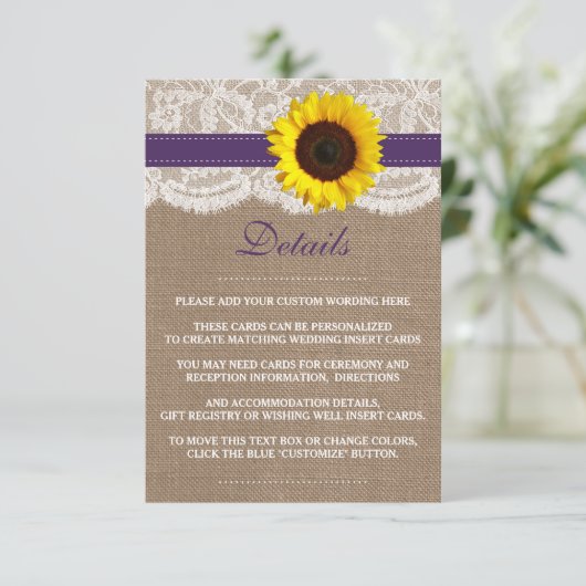 Die rustikale Hochzeitssammlung für Sonnenblumen - Begleitkarte (Stehend Vorderseite)