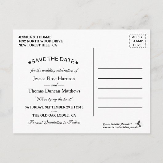 Die rustikale Lila Bow-Sammlung Save the Date Ankündigungspostkarte (Rückseite)