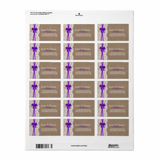 Die rustikale Lila Bow Wedding Collection Adressaufkleber (Vorne)