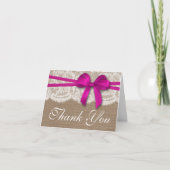 Die rustikale rosa Bow-Hochzeitskollektion Dankeskarte (Vorderseite)