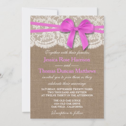Die rustikale rosa Bow-Hochzeitskollektion Einladung (Vorderseite)