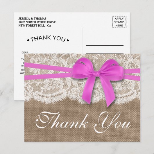 Die rustikale rosa Bow-Hochzeitskollektion Postkarte (Vorne/Hinten)