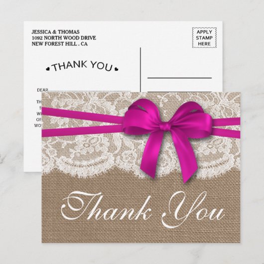 Die rustikale rosa Bow-Hochzeitskollektion Postkarte (Vorne/Hinten)