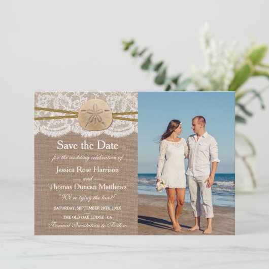 Die rustikale Sand Dollar Beach Hochzeitskollektio Save The Date (Stehend Vorderseite)