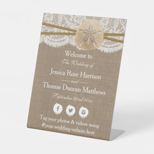 Die rustikale Sand Dollar Beach Hochzeitskollektio Sockelschild (Vorderseite)