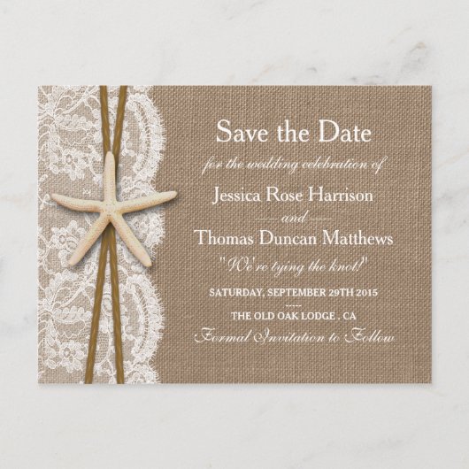 Die rustikale Starfish-Sammlung Save the Date Ankündigungspostkarte (Vorderseite)