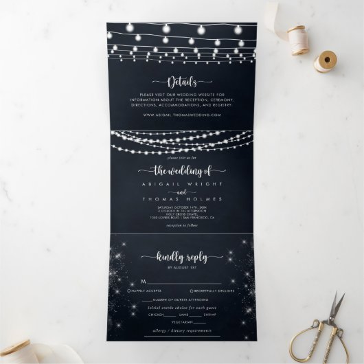 Die rustikale String Lights-Hochzeit von Dreifach Gefaltete Einladung (Innenseite)