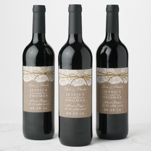 Die rustikale Twine Bow Wedding Collection Weinetikett (Flaschen)