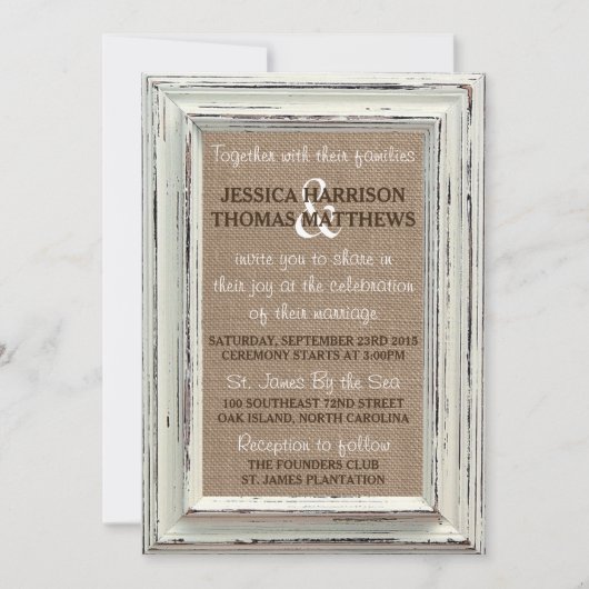 Die rustikale White Frame & Burlap Wedding Collect Einladung (Vorderseite)