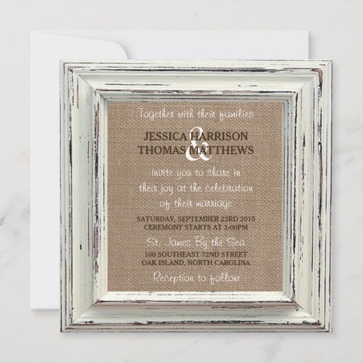 Die rustikale White Frame & Burlap Wedding Collect Einladung (Vorderseite)