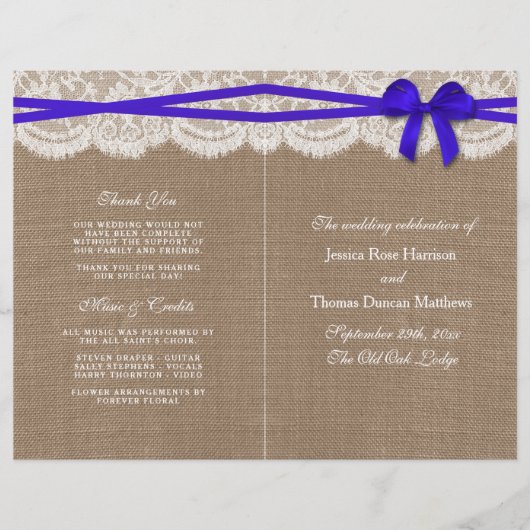 Die rustikalen Blue Bow Wedding Programme (Vorderseite)