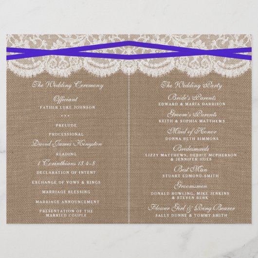 Die rustikalen Blue Bow Wedding Programme (Rückseite)