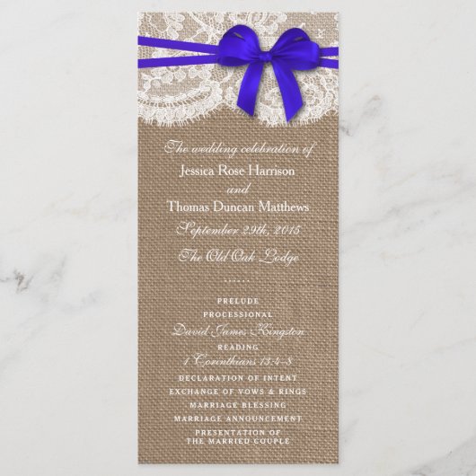 Die rustikalen Blue Bow Wedding Programme (Vorderseite)