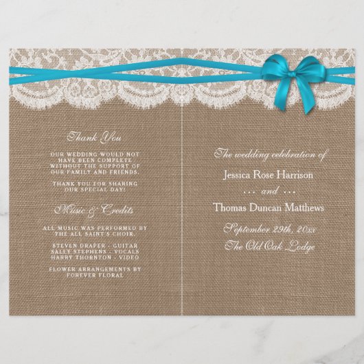 Die rustikalen Blue Bow Wedding Programme (Vorderseite)