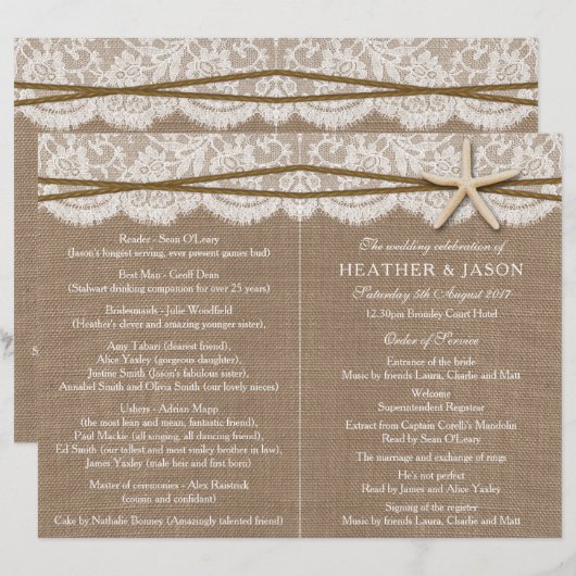 Die rustikalen Hochzeitsprogramme der Starfish (Vorne/Hinten)