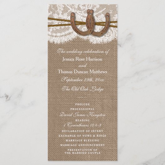 Die rustikalen Hochzeitsprogramme für Hufeisen Programm (Vorderseite)