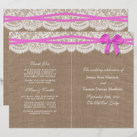 Die rustikalen rosa Bow-Hochzeitsprogramme (Vorne/Hinten)