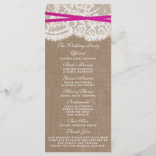 Die rustikalen rosa Bow-Hochzeitsprogramme Programm (Rückseite)