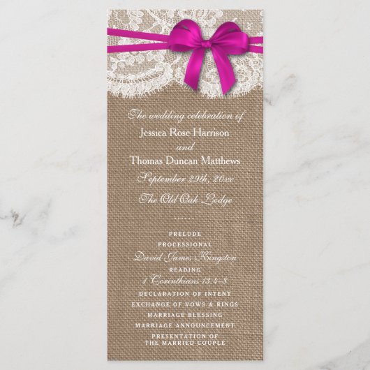 Die rustikalen rosa Bow-Hochzeitsprogramme Programm (Vorderseite)