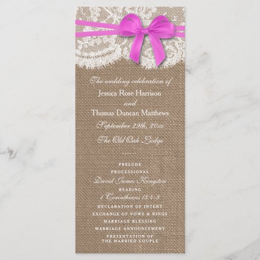 Die rustikalen rosa Bow-Hochzeitsprogramme Programm (Vorderseite)