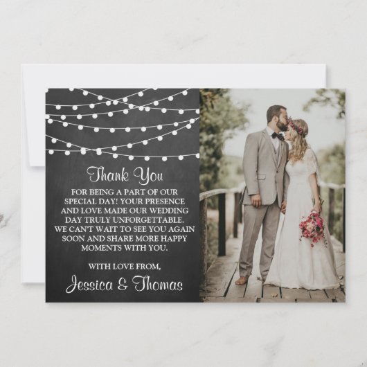 Die Saitenleuchten auf der Chalkboard-Hochzeitssam Dankeskarte (Vorderseite)